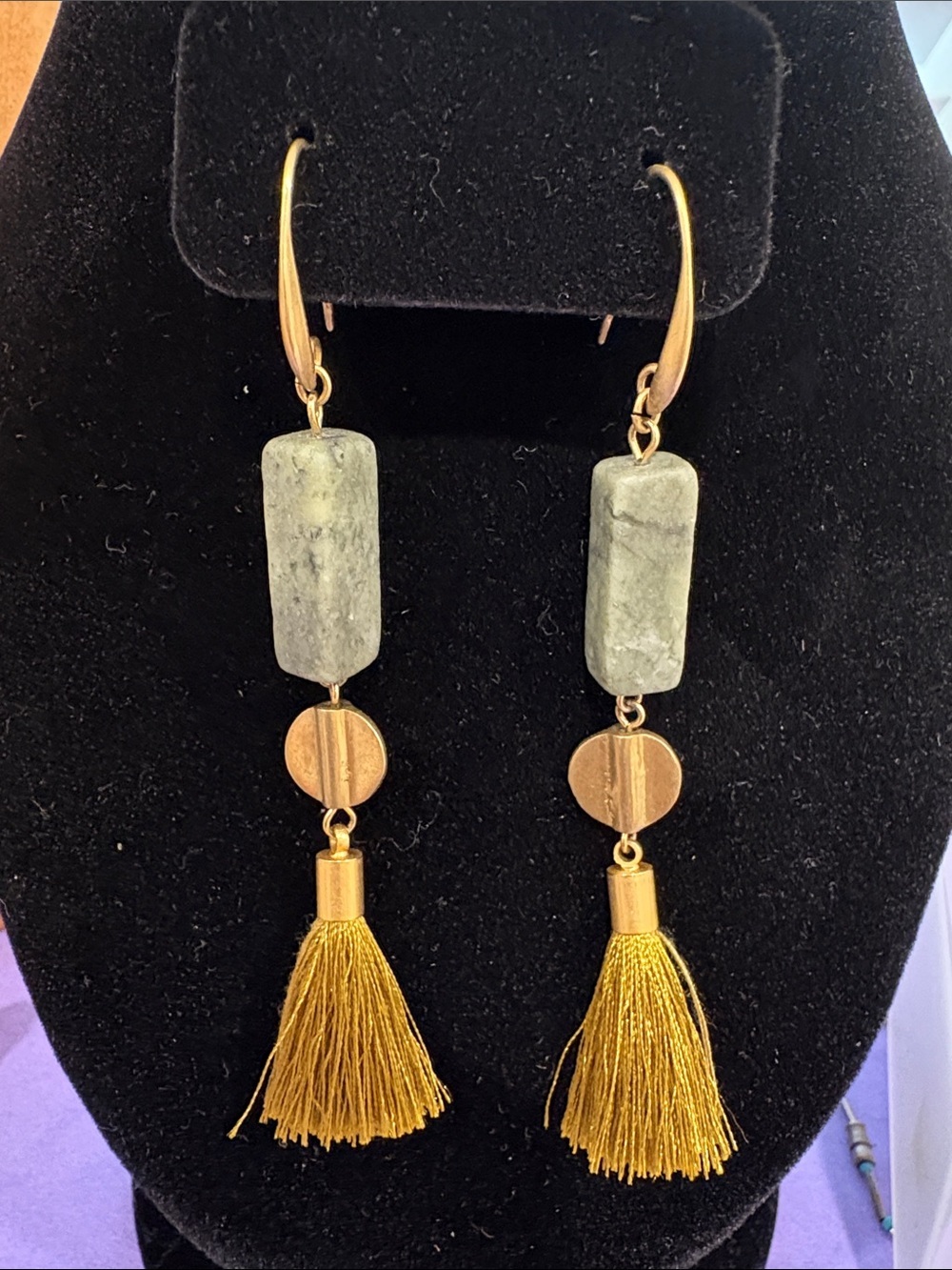 Gold Tassel and Green Stone Drop Earrings - Women Jewelry